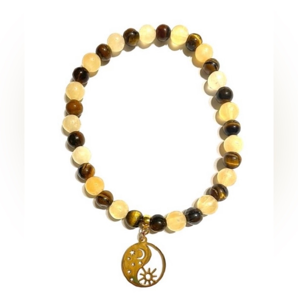 Citrine quartz an tiger eye stone Beaded Bracelet with eclipse Charm